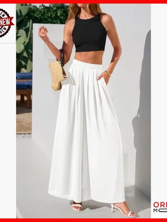 High Waisted Wide Leg Palazzo Pants Loose Fit Flowy Work Lounge - Picture 3 of 7